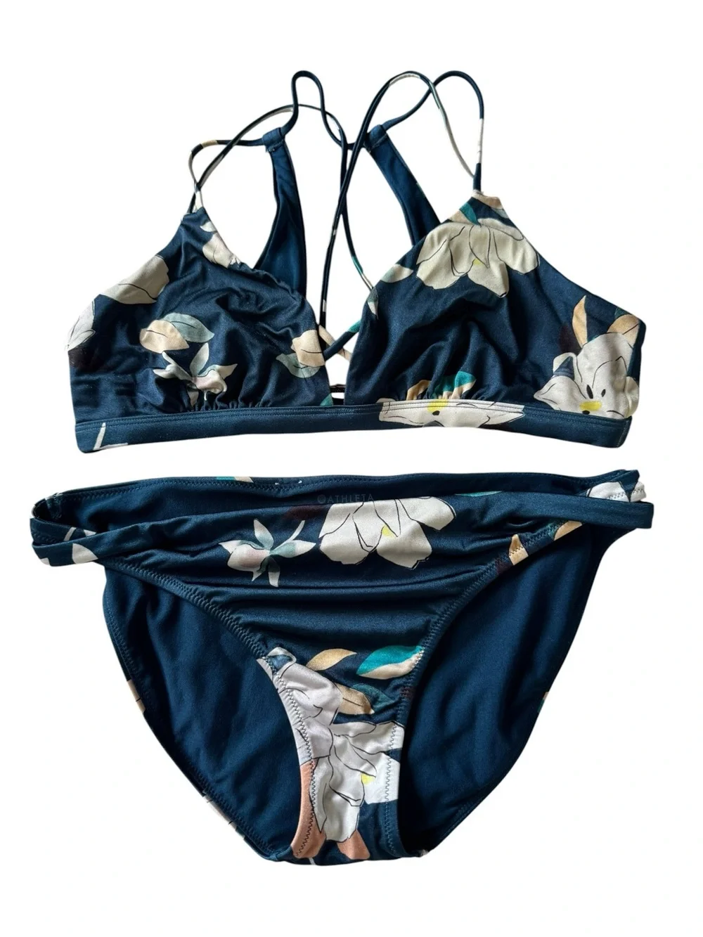 Athleta Aqualuxe Floradora navy blue floral Swimsuit bikini set crisscross top L